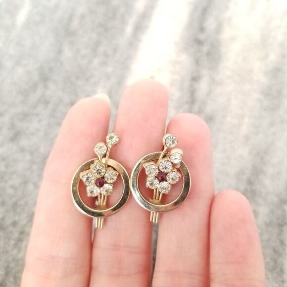 Vintage Karu Rhinestone Flower Clip On Earrings, Screw Backs, Retro Estate - Picture 6 of 6